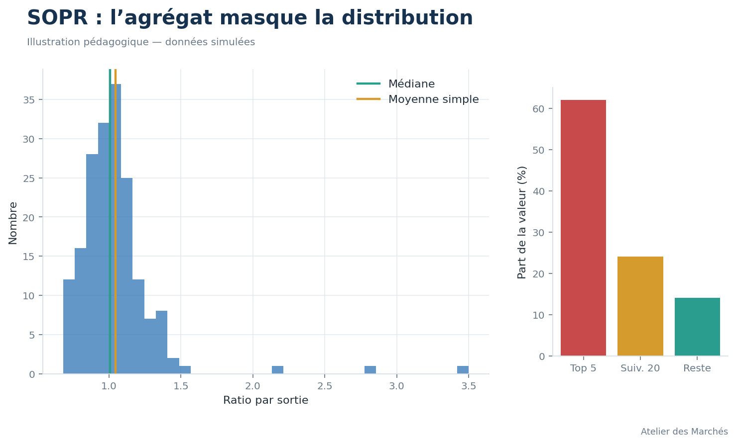 Distribution simulée des ratios de profit de sorties et différence entre agrégats.